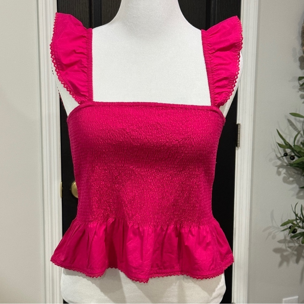 Roller Rabbit Hot Pink Dove Smocked Top Ruffle NWT Size Large Crop Shirt